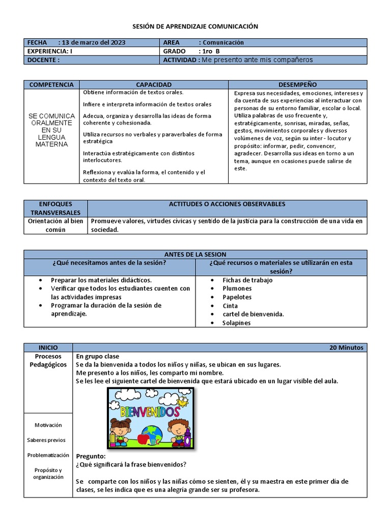 Sesión de Aprendizaje Mi Primer Dia en La Escuela | PDF | Comunicación ...