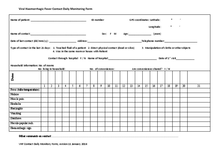 Viral Haemorrhagic Fever Contact Daily Monitoring Form | PDF