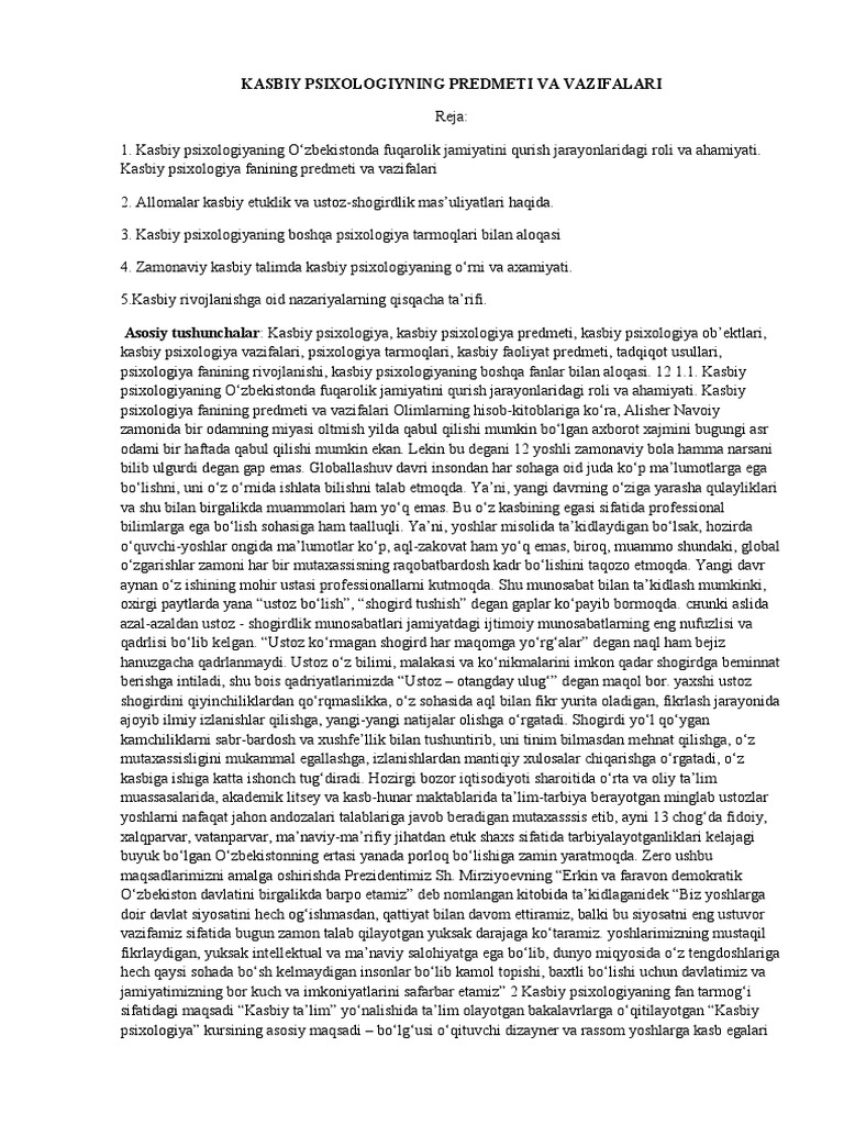 Kasbiy Psixologiyning Predmeti Va Vazifalari | PDF