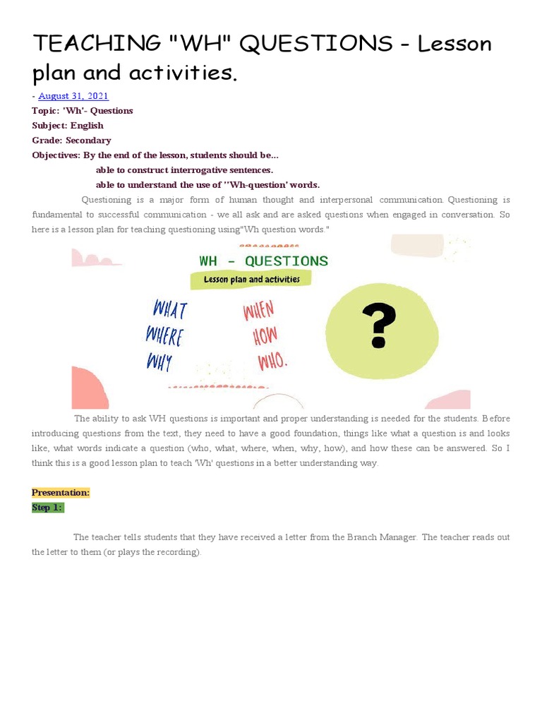 Teaching WH Questions: Lesson Plan | PDF | Question | Lesson Plan