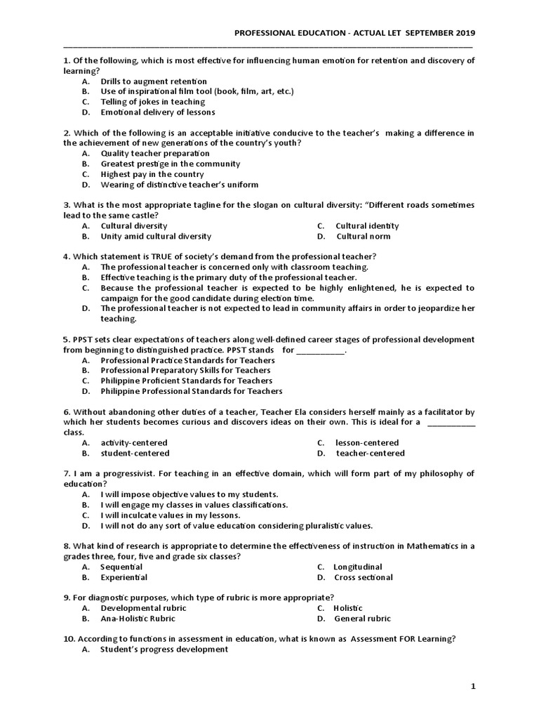 SEPTEMBER 2019 ACTUAL LET QUESTIONS IN PROFESSIONAL EDUCATION - Docx 1 ...