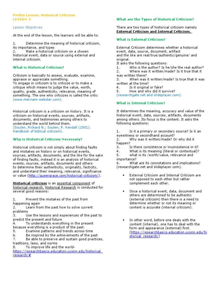 External Criticism and Internal Criticism.: Lesson Objectives | PDF ...