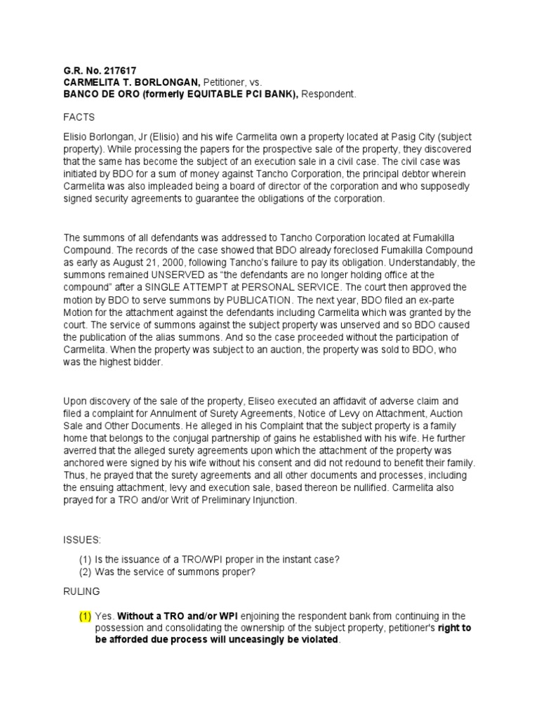 Case-DIGEST Rule 58 Case 7 Borlongan Vs Banco de Oro | PDF | Service Of ...