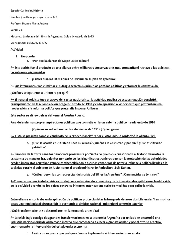 Decada Infame y Golpe de 1943 Actividades | PDF