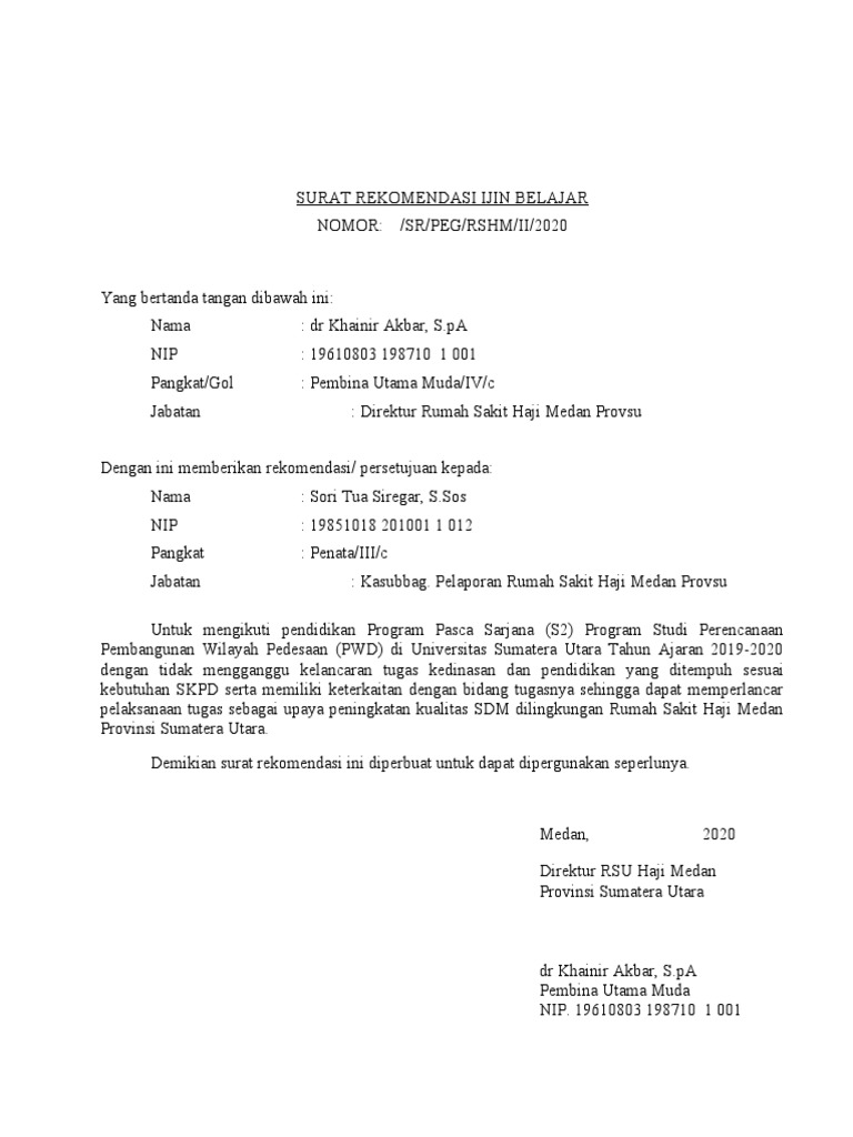 Surat Rekomendasi Ijin Belajar | PDF