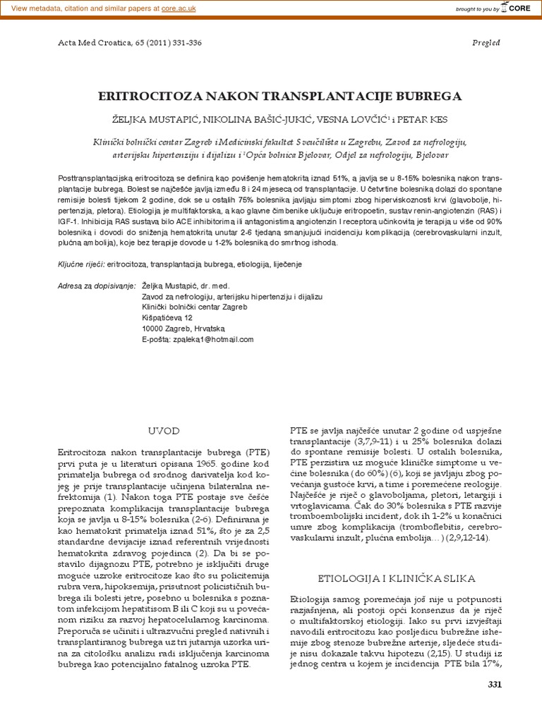 Eritrocitoza Nakon Transplantacije Bubrega | PDF