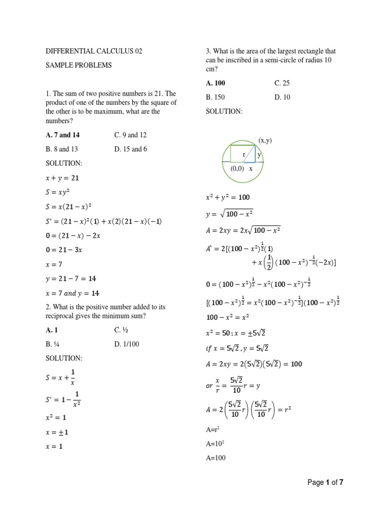 Differential Calculus Sample Problems | PDF | Area | Volume