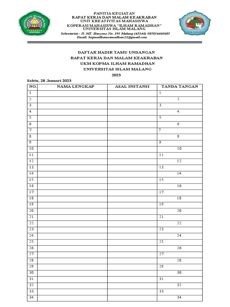 Daftar Hadir Tamu Undangan Rapat Kerja dan Malam Keakraban UKM Kopma