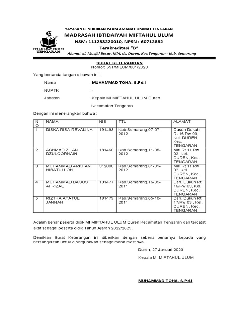 Madrasah ibtidaiyah miftahul ulum nsm 111233220010 npsn 60712882