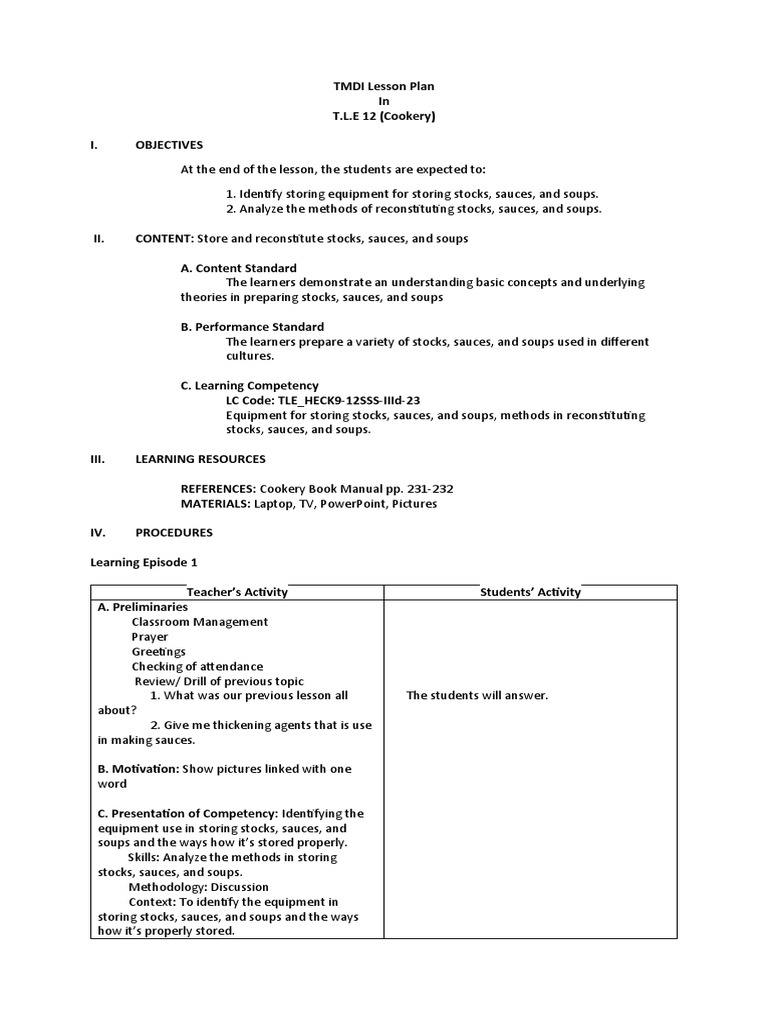 TMDI Lesson Plan in Storing and Reconstituting Stocks PDF Poultry