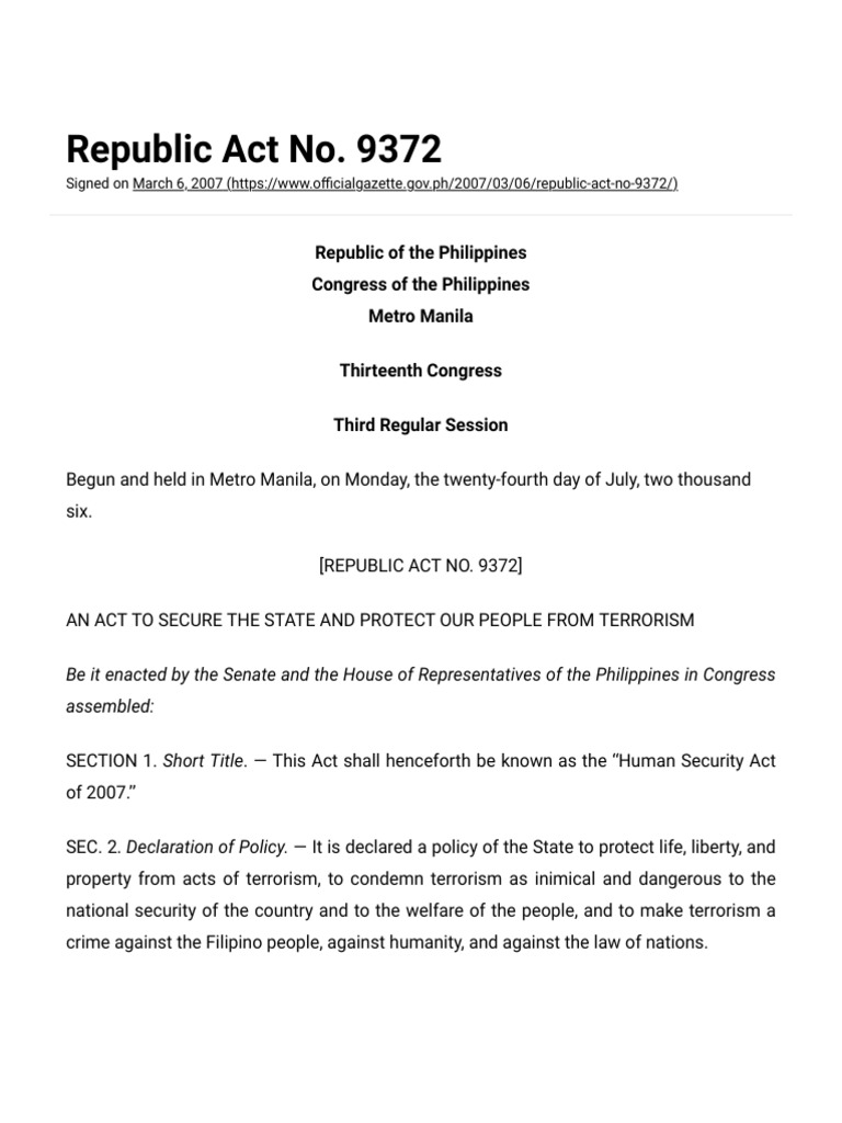 Human Security Act of 2007 Overview | PDF | Detention (Imprisonment ...