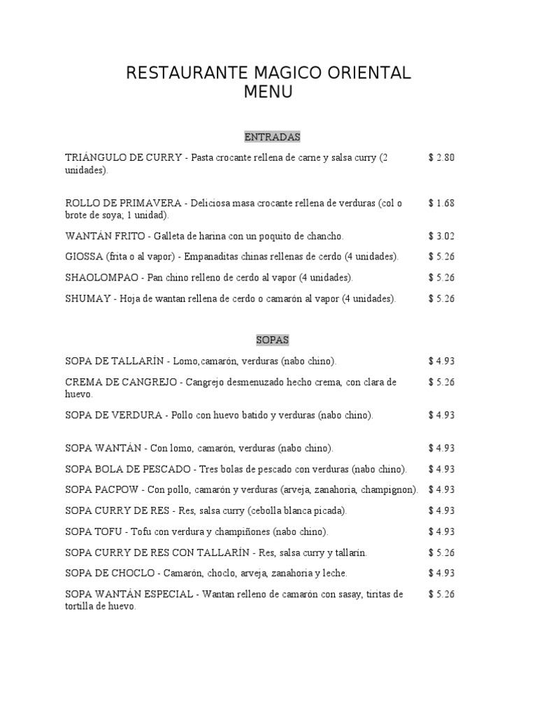 Menu Restaurante Magico Oriental | PDF | Mariscos | Curry