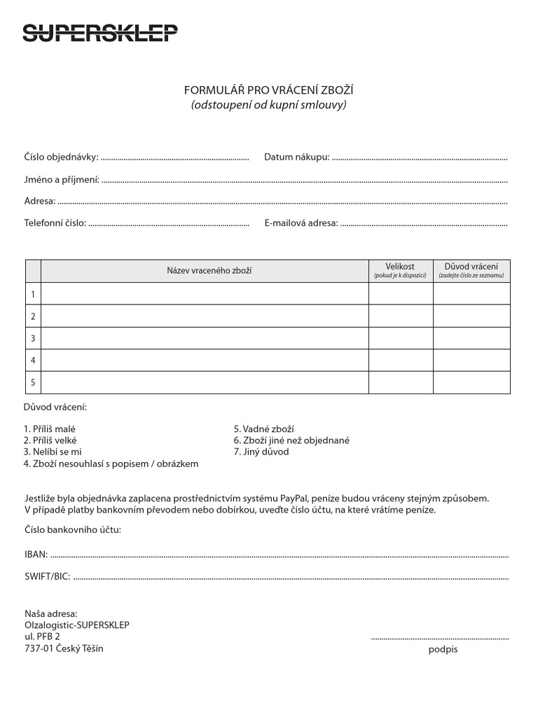 Formular Pro Vraceni Zbozi | PDF