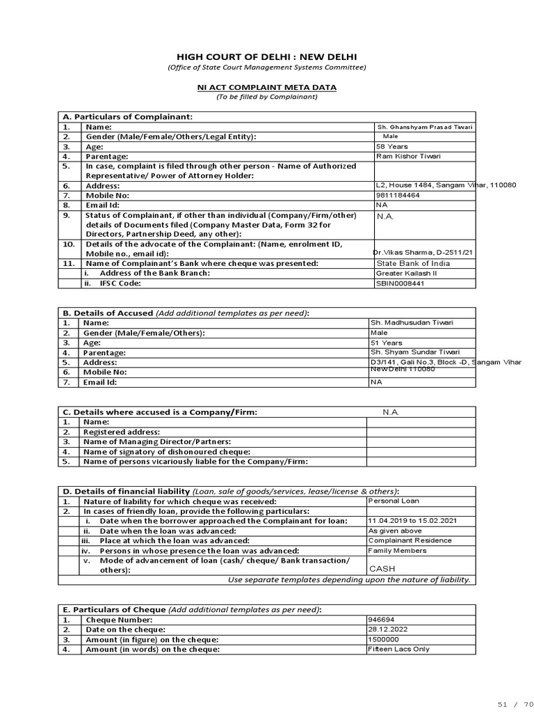 NI Act Complaint Metadata Form | PDF | Cheque | Banks