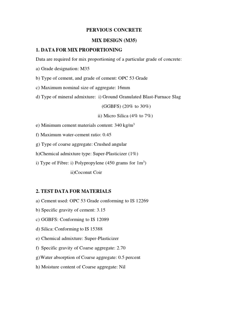 Pervious Concrete Mix Design (M35) 1. Data For Mix Proportioning
