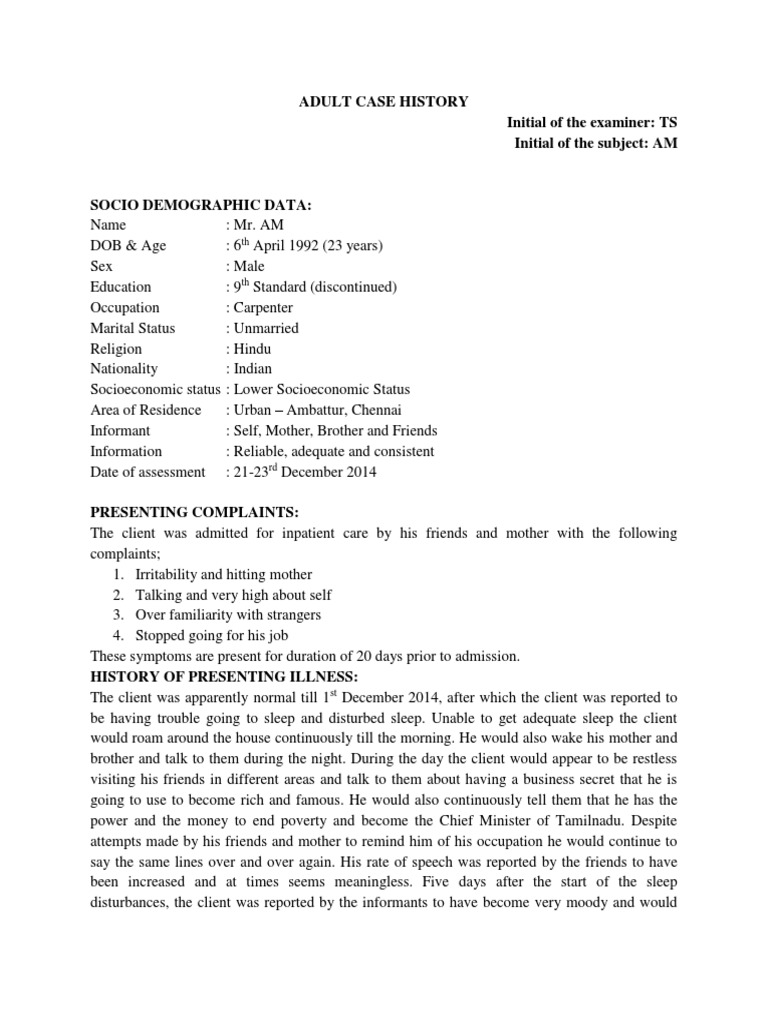 Adult Case History: Mr. AM's Psychiatric Assessment | PDF | Behavioural ...