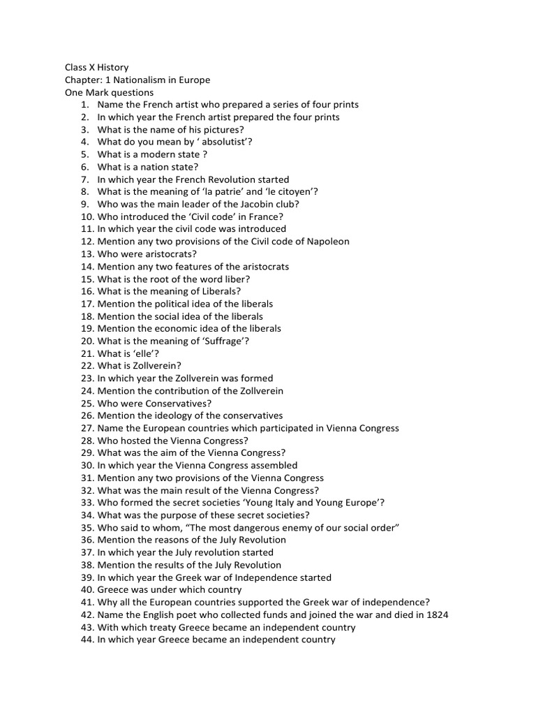 Class x europe one mark questions pdf italy united kingdom of
