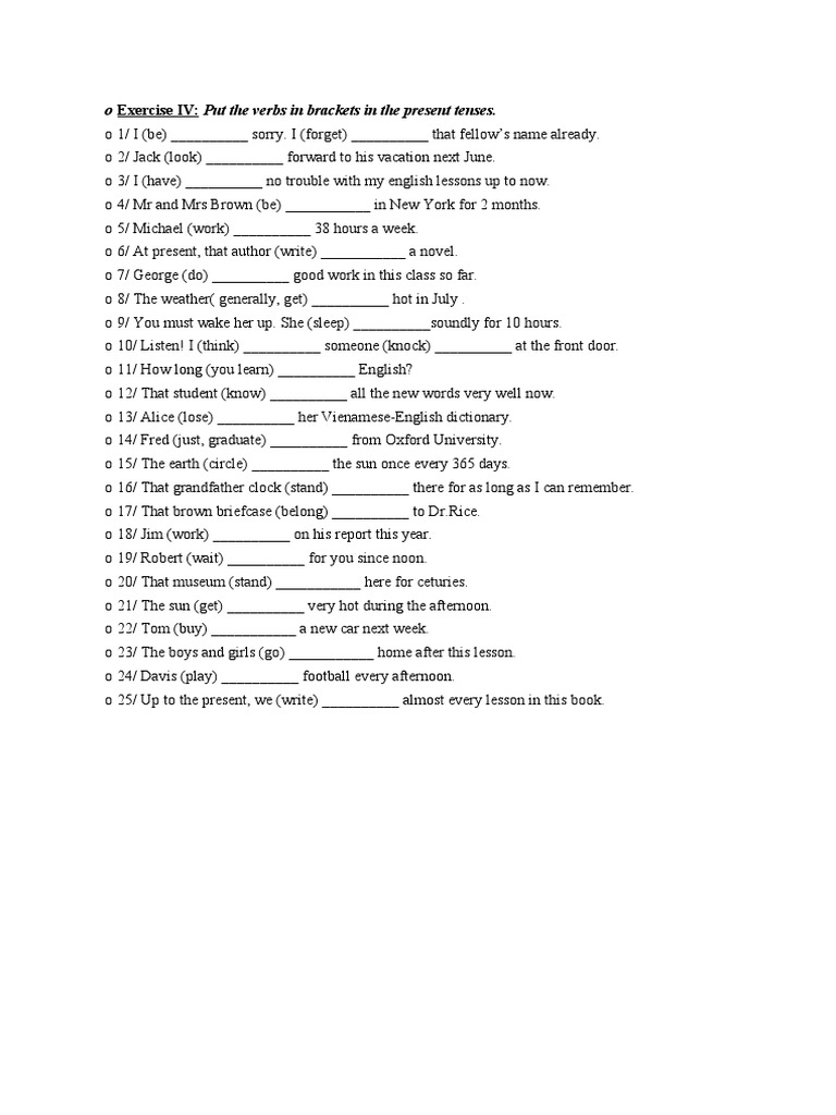 Present Tense Verb Exercises | PDF