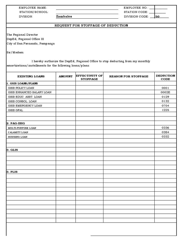 Request For Stoppage of Deduction Form & Authority To Deduct Form PDF