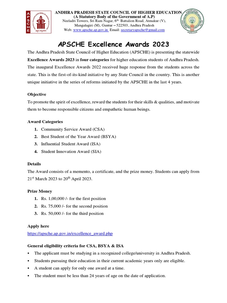 Notification APSCHE Excellence Awards 20231 PDF Startup Company