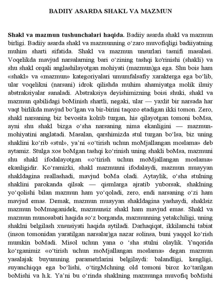 Badiiy Asarda Shakl Va Mazmun Tushunchalari Haqida. Badiiy Asard | PDF