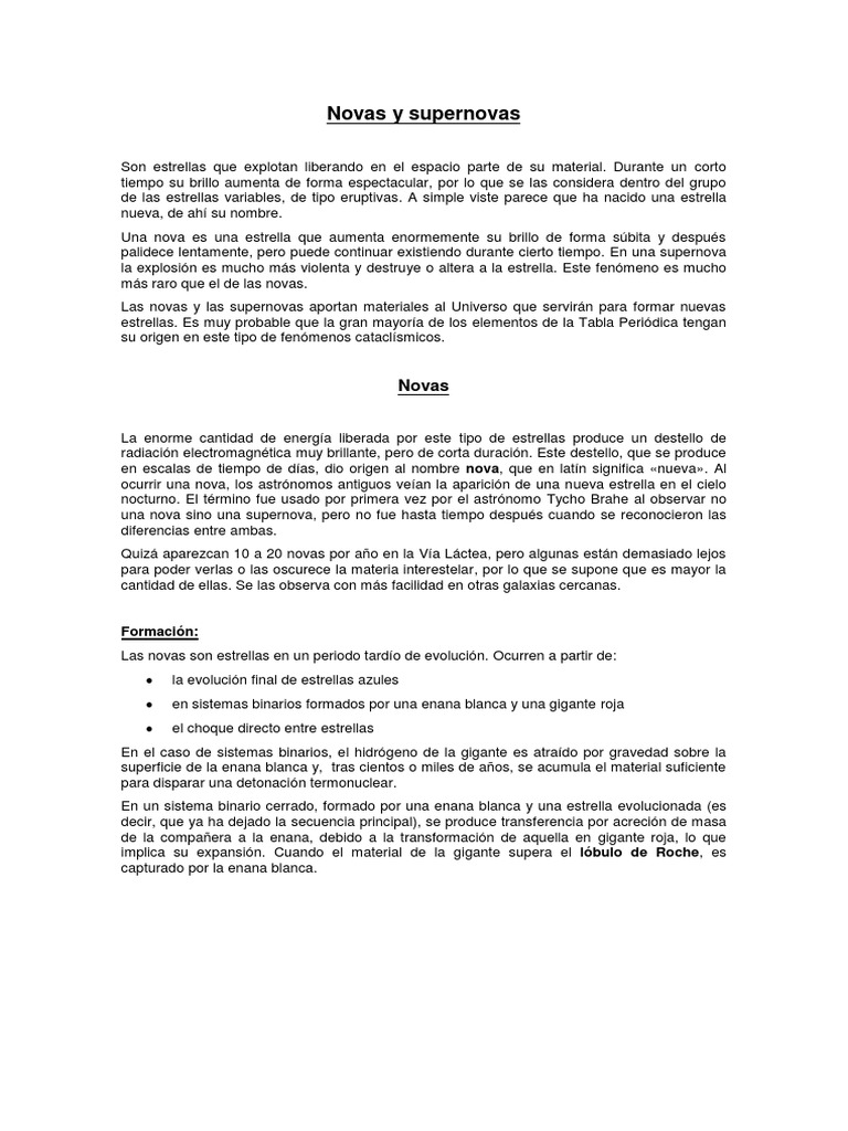 Diferencias entre Novas y Supernovas | PDF | Supernova | Estrellas