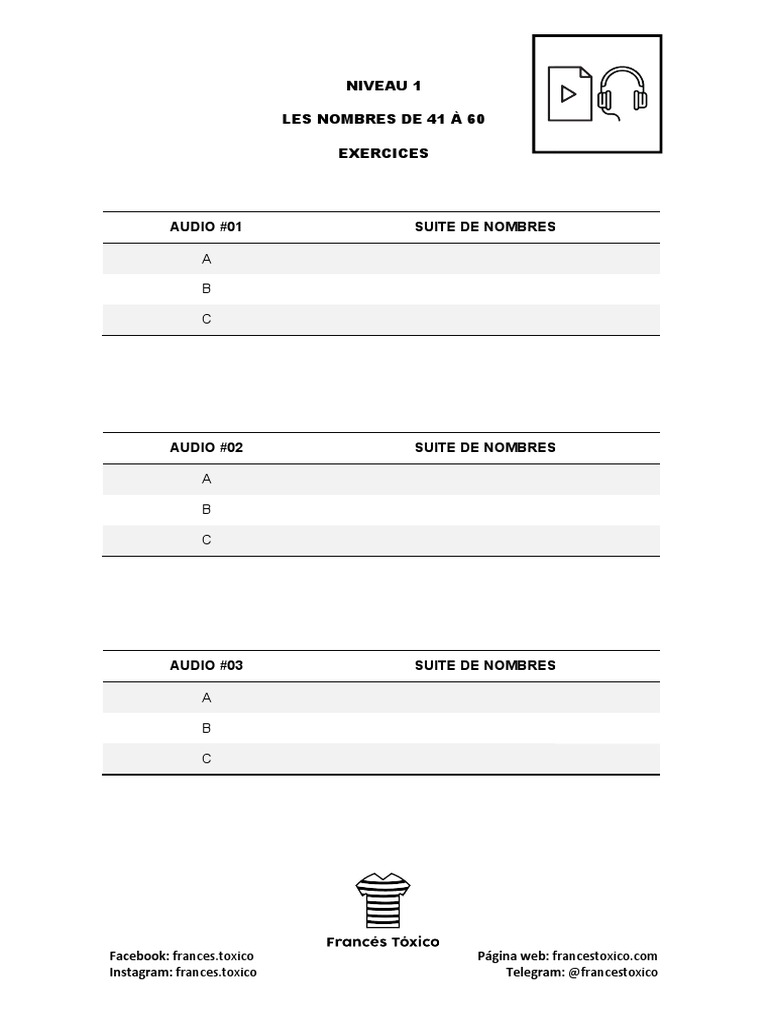 Ejercicios de Números 41-60 en Francés | PDF