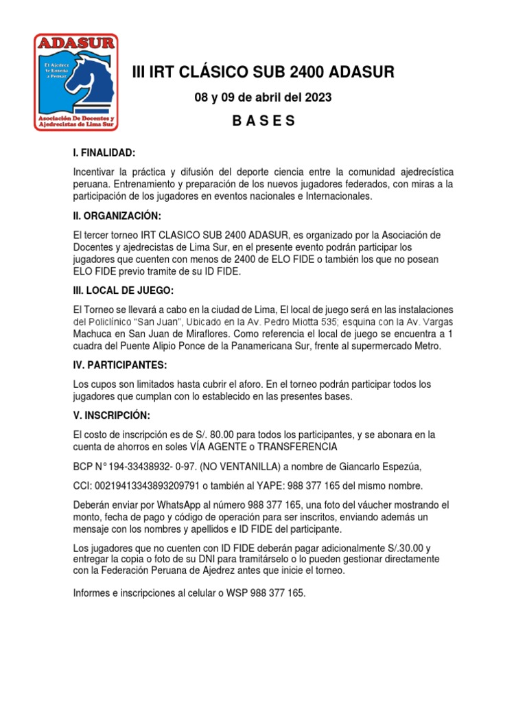 Torneo IRT Clásico Sub 2400 ADASUR 2023 | PDF | Juegos competitivos ...
