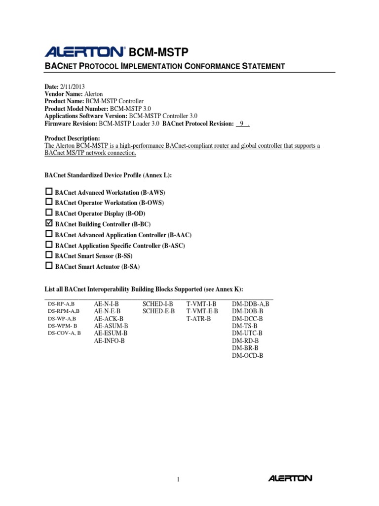 Alerton BCM-MSTP BACnet PICS Statement | PDF | Network Topology ...