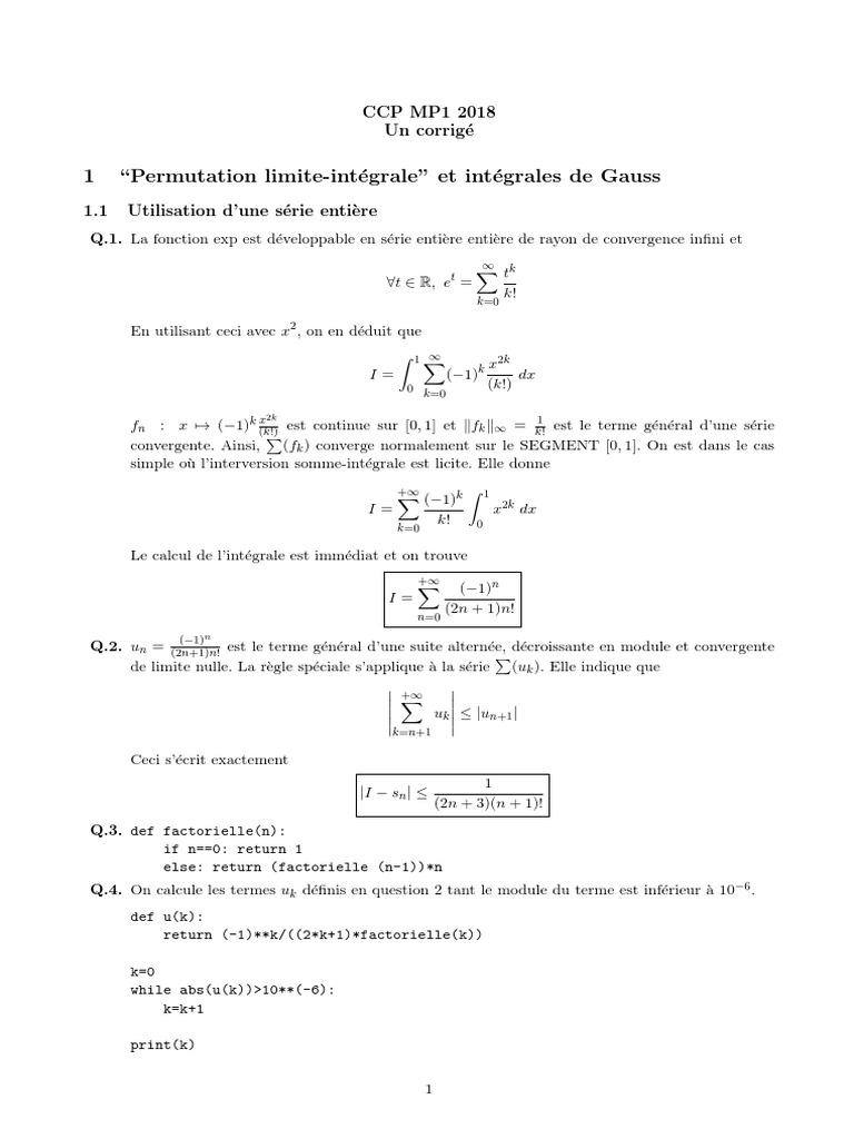 CCP MP 2018 Maths 1 Corrige | PDF | Zéro d'une fonction | Limite ...