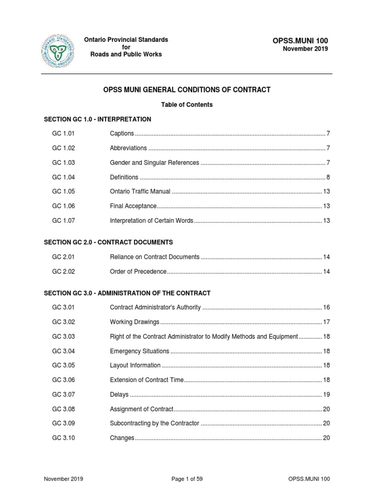 Opss Muni General Conditions of Contract: Ontario Provincial Standards ...