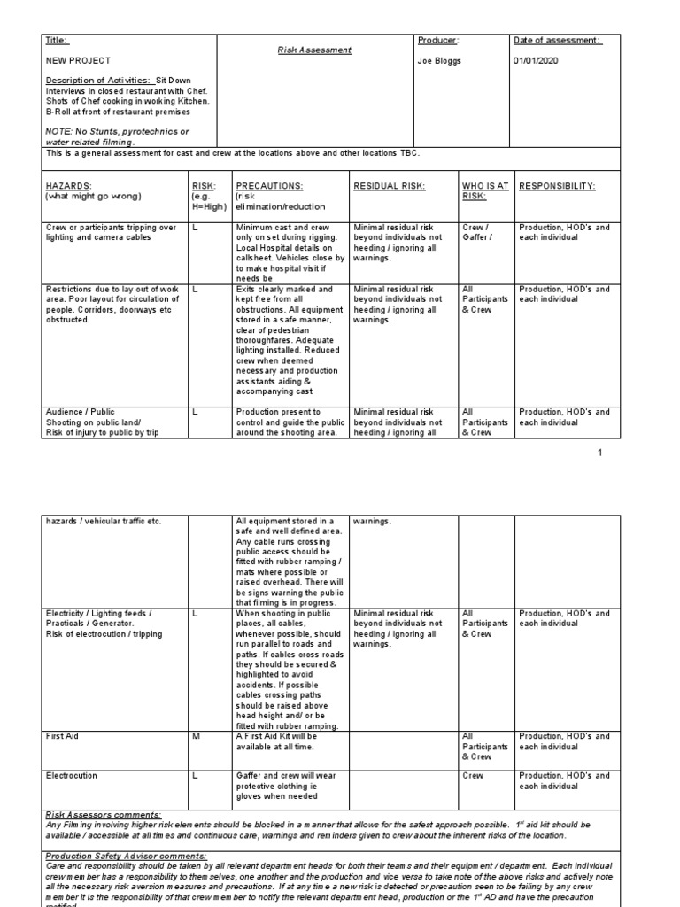 Risk Assessment Template For Film and Video Production PDF Risk