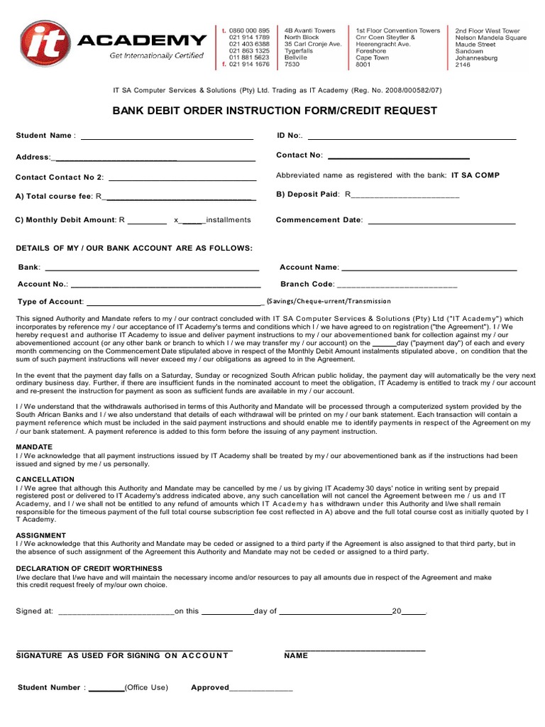 Debit Order Instruction Form | PDF | Banks | Debit Card