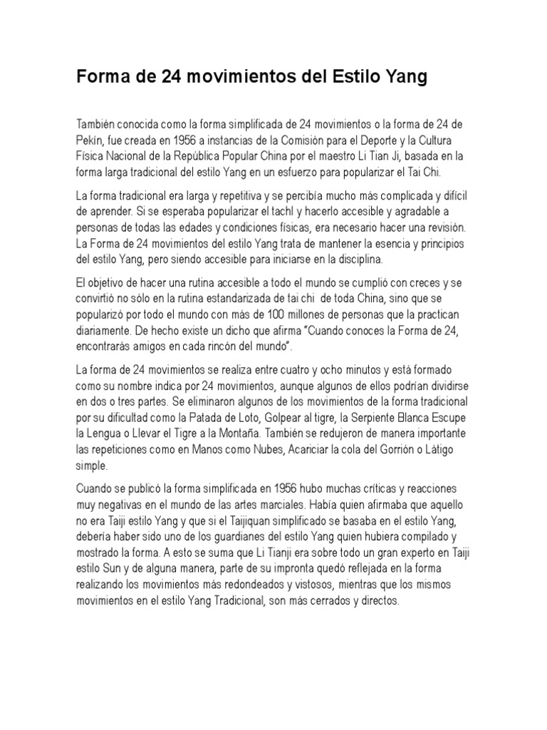 Forma de 24 Movimientos del Tai Chi Yang | PDF | Religión y ...