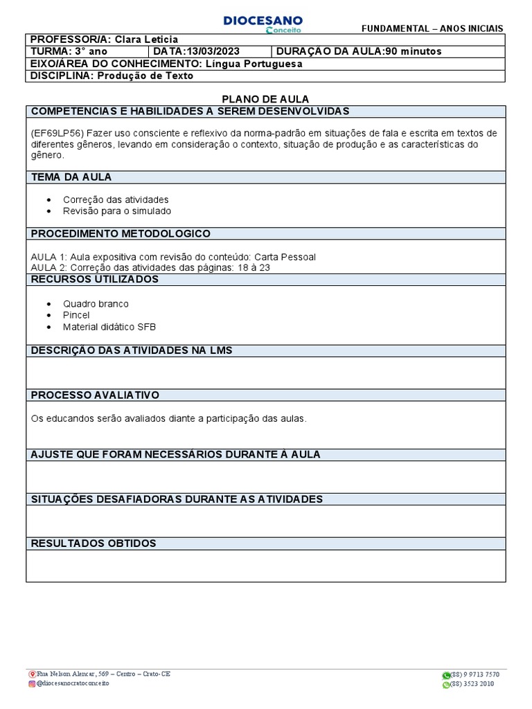 Plano de Aula (13) Produção de Texto 3 Ano. | PDF