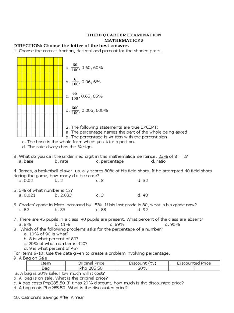 Third Quarter Math Exam Review | PDF | Percentage | Circle