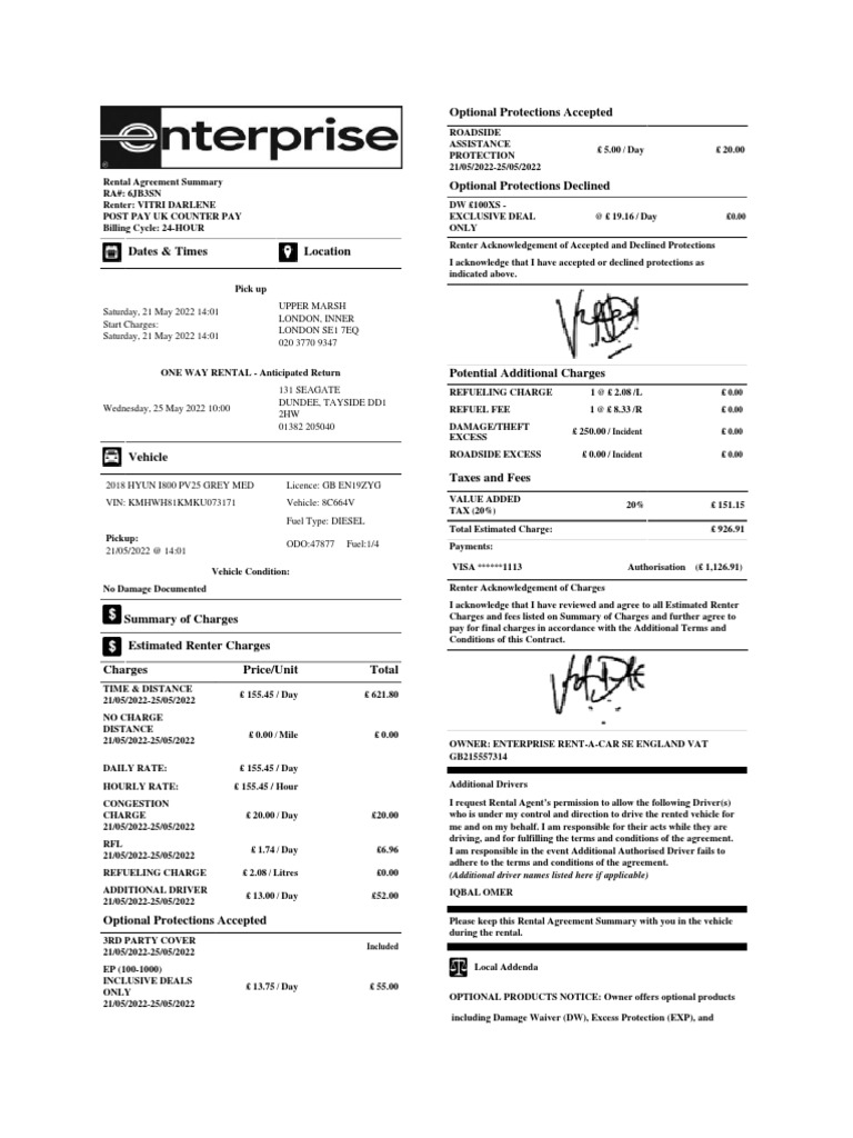 Enterprise Rental Agreement Summary | PDF | Renting | Car Rental