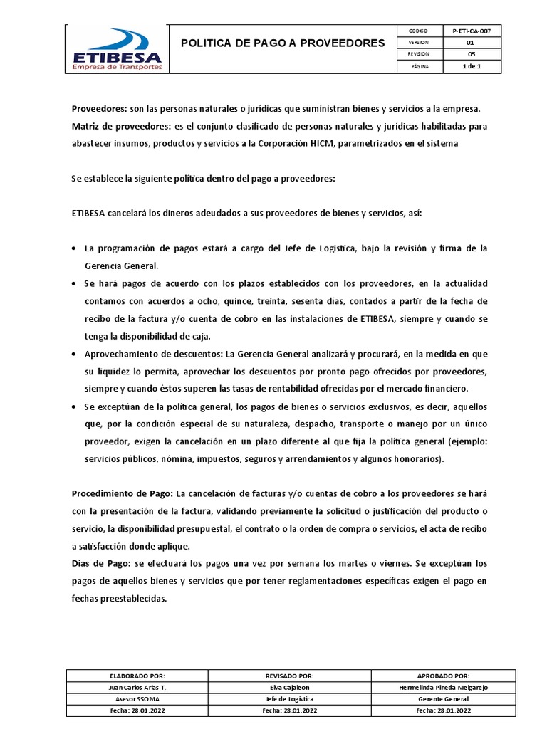 Politica de Pago A Proveedores | PDF | Business | Economias