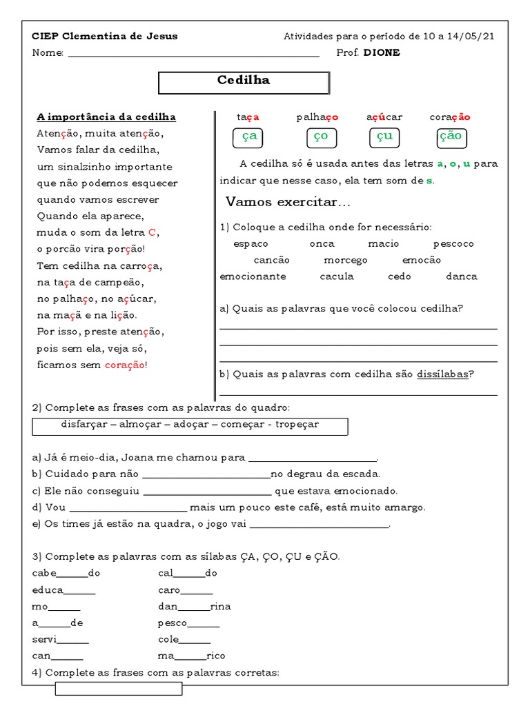 Vamos Exercitar... : Cedilha | PDF | Caixa alta e caixa baixa | Substantivo