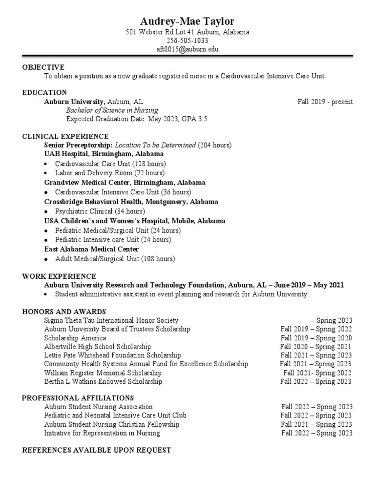 Auburn Nursing Graduate Resume | PDF | Nursing | University Of Alabama
