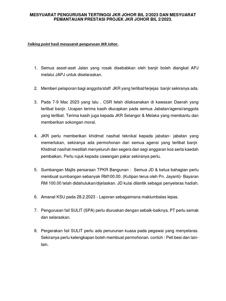Talking Point Mesyuarat Pengurusan Dan Prestasi Projek PDF