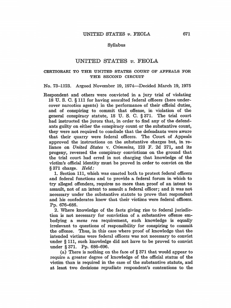 1974 us v feola supreme cting cases 18 usc 111 et seq no burden to