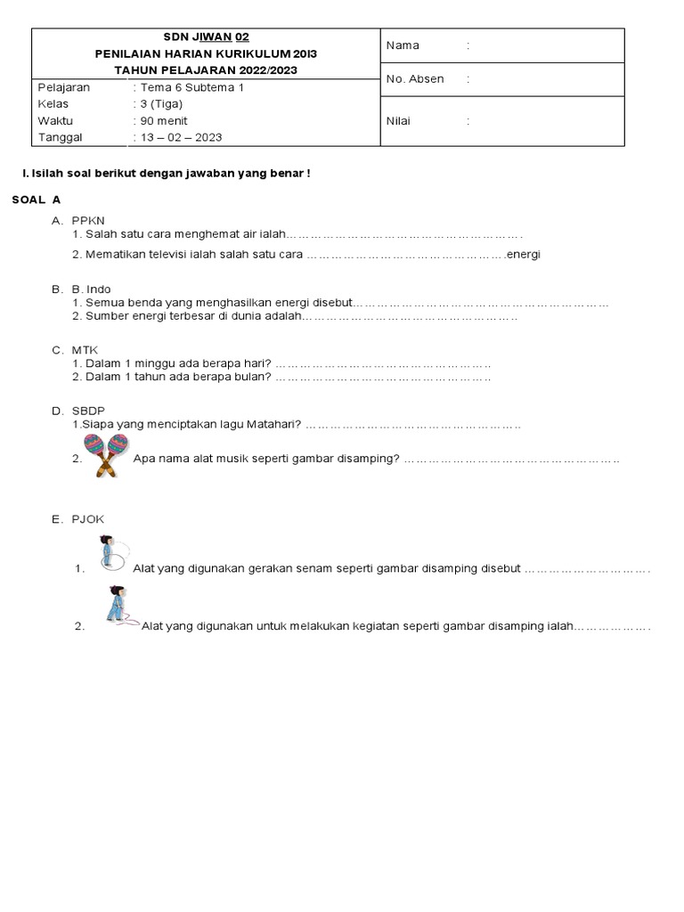 Soal Ph Ki 3 Kelas 3 Tema 6 Sub 1 Pdf