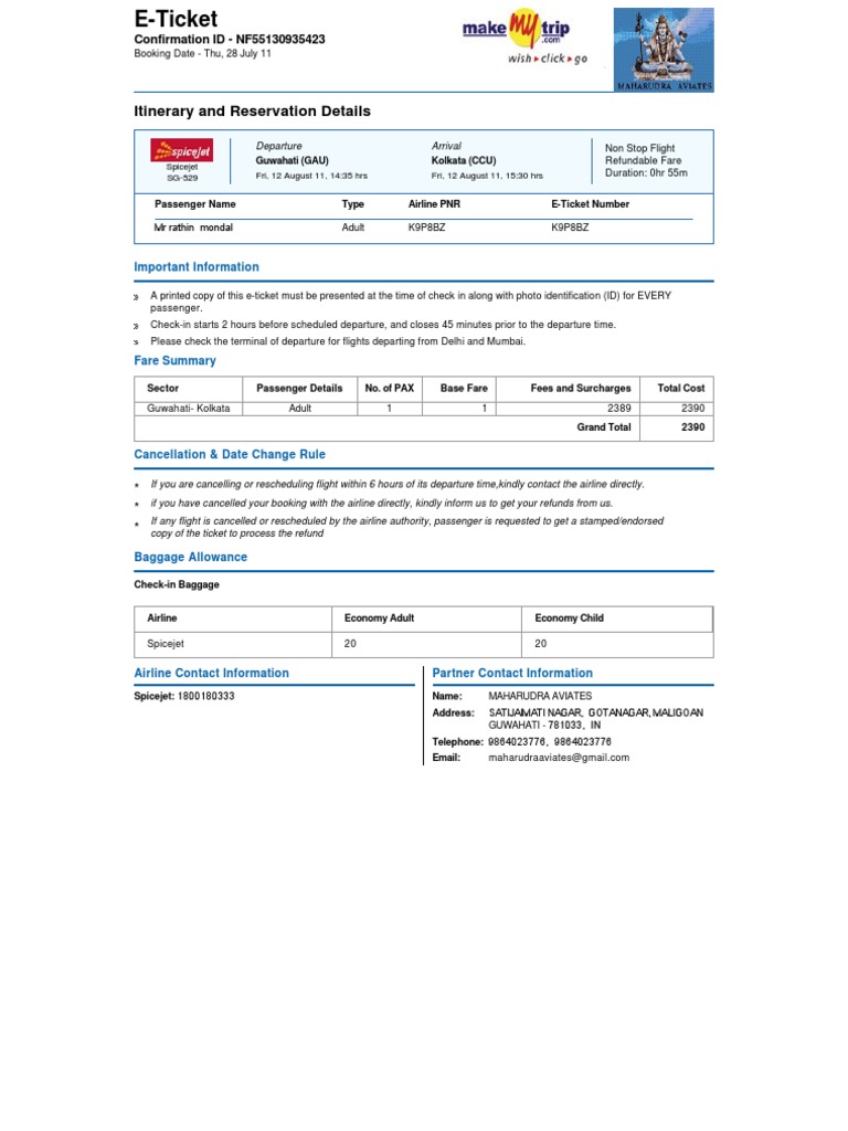 SpiceJet Guwahati Flight E-Ticket | PDF