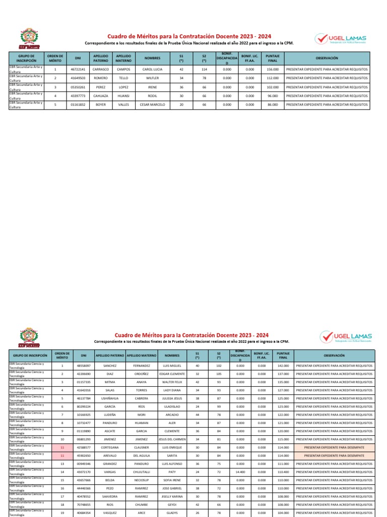 Secundaria Cuadro de Méritos Preliminar Pun 20232024 PDF