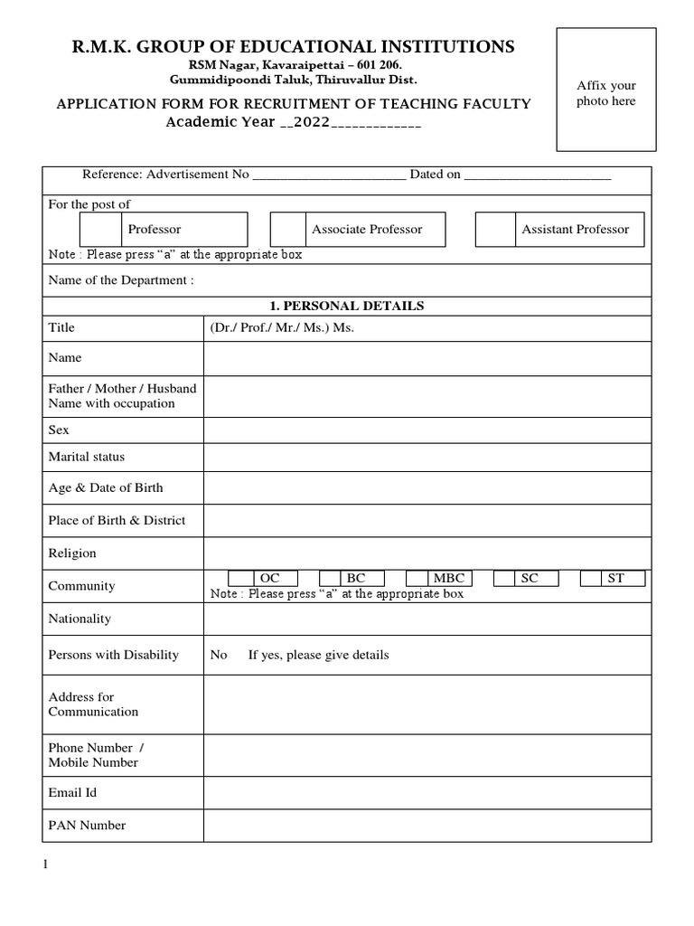 Teaching Faculty Recruitment Application Form | PDF | Doctor Of Philosophy