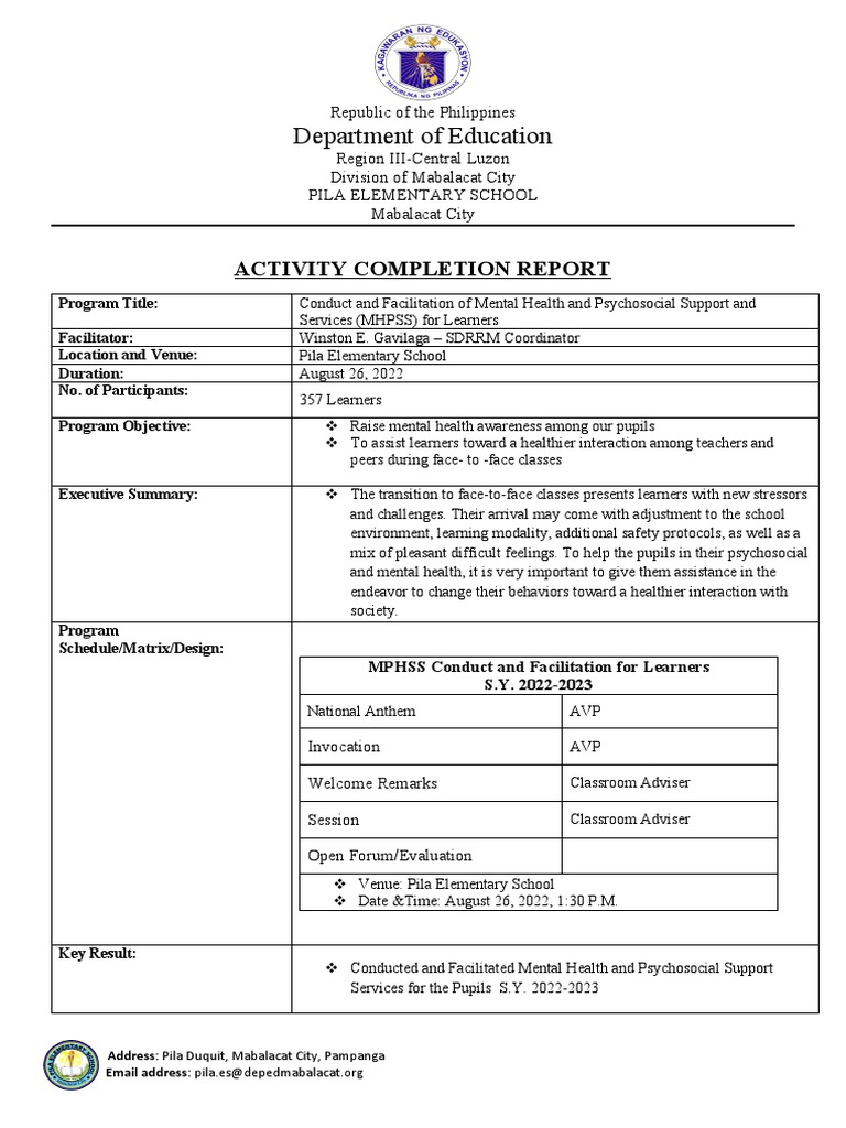 MHPSS Activity Report for Learners | PDF | Learning | Psychosocial