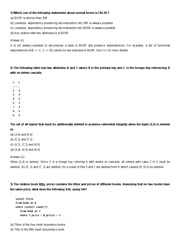 Database Management Systems - Set 8 | PDF