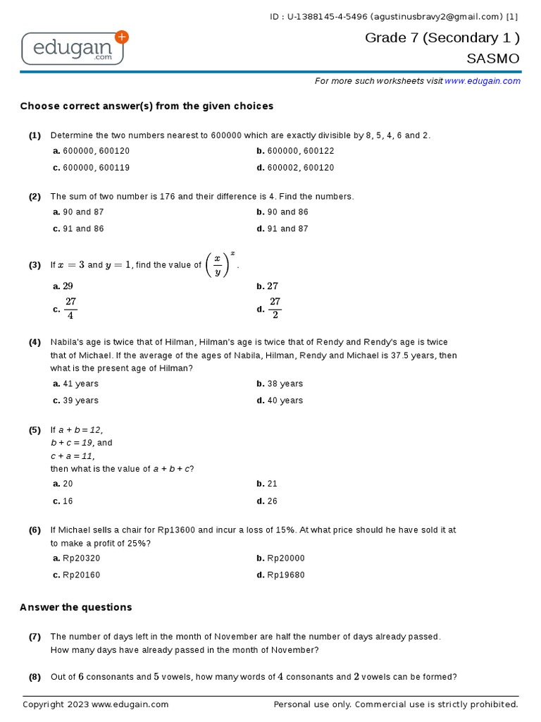 Grade 7 (Secondary 1) Sasmo: X 3 y 1 X y | PDF