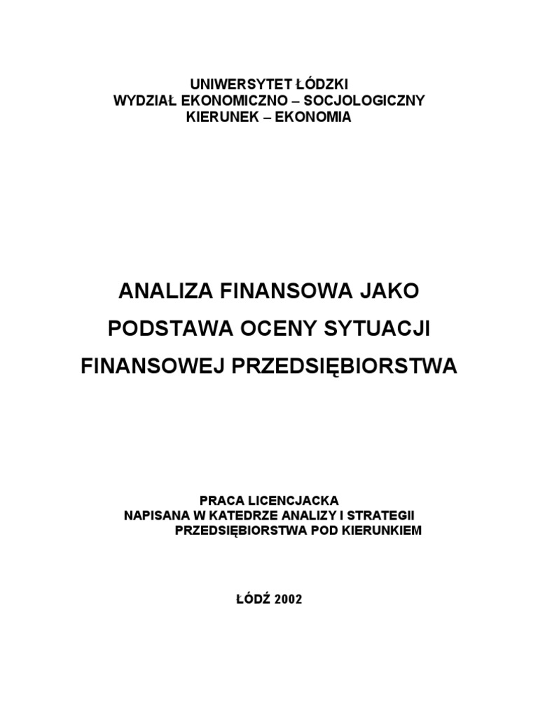 Ocena Sytuacji Finansowej Przedsiębiorstwa Praca Magisterska Pdf